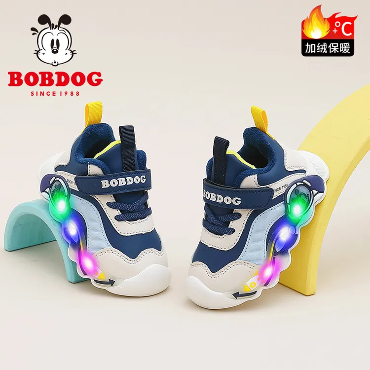 巴布豆冬季儿童机能学步鞋发光女童加绒保暖闪灯鞋亮灯男童运动鞋