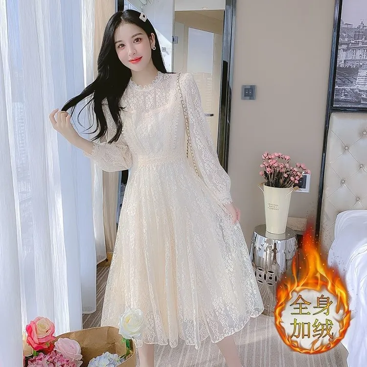 法式温柔风秋冬新款仙女裙加绒加厚高级感蕾丝内搭气质女神连衣裙