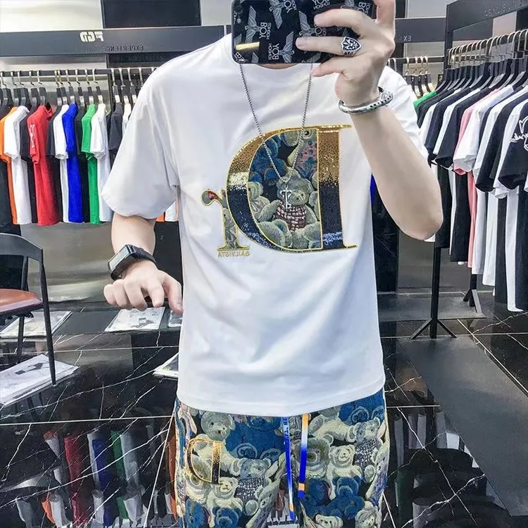 男士夏季套装休闲潮流印花百搭半袖五分裤套装轻奢个性圆领两件套