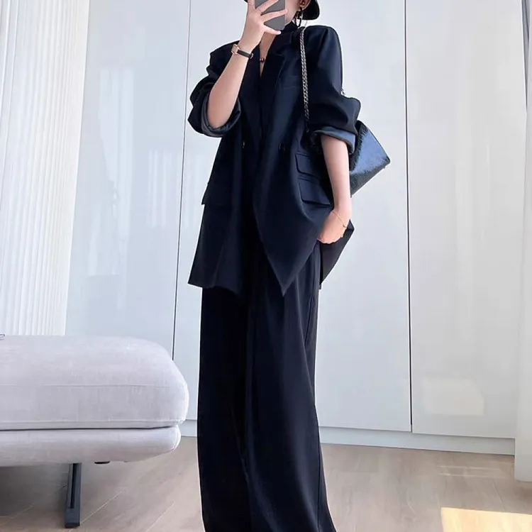 大码女装西装套装胖mm时尚休闲职业西服外套阔腿裤拖地长裤两件套