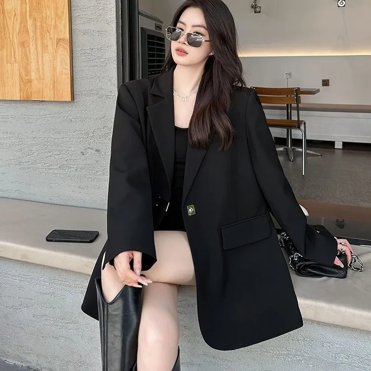 2025春装新款高级感中长款大码女装西服外套胖mm宽松休闲气质西装