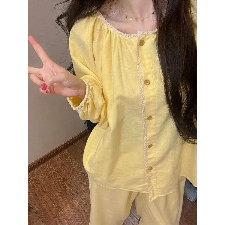 韩版少女简约圆领睡衣女款秋冬季2024加厚保暖开衫长裤家居服套装