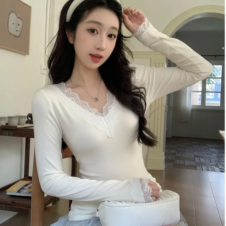 【加绒加厚】蕾丝打底衫女冬季小香内搭长袖纯欲上衣（退换补贴6-8）