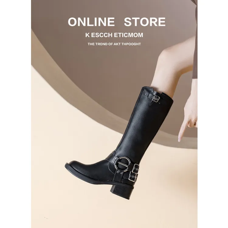 欧洲站秋冬皮带扣粗跟马丁靴不过膝长靴大码41-43码
