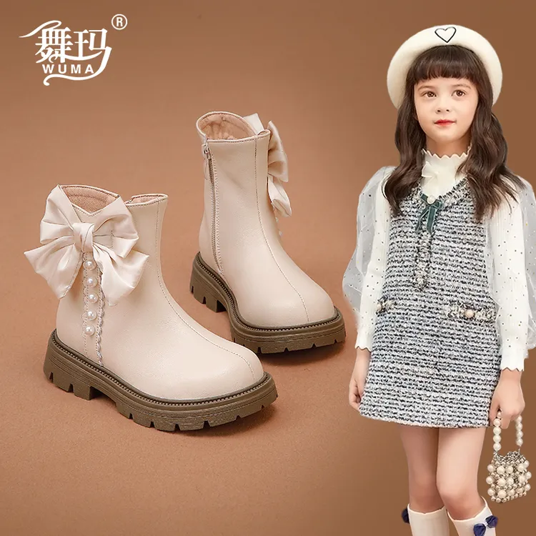 女童单靴儿童真皮马丁靴2025新款冬季女孩加绒宝宝二棉短靴446555