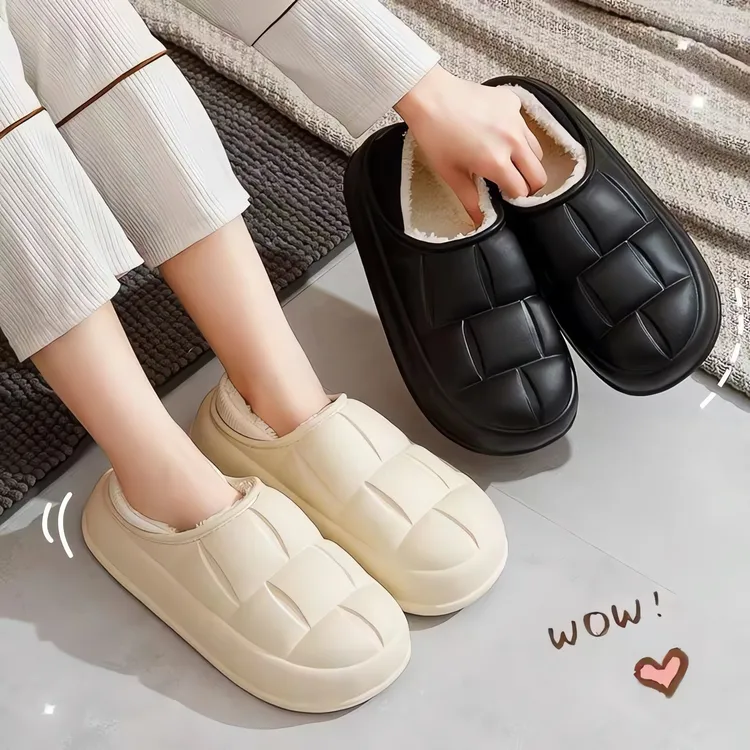 秋冬季新款家居花瓣踩屎感包跟防水棉拖鞋女情侣毛绒拖鞋加绒棉拖