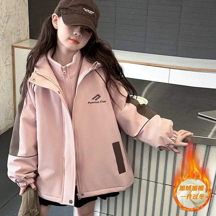 女童外套秋冬2024新款洋气大童冬装加厚派克服儿童冲锋衣三合一潮