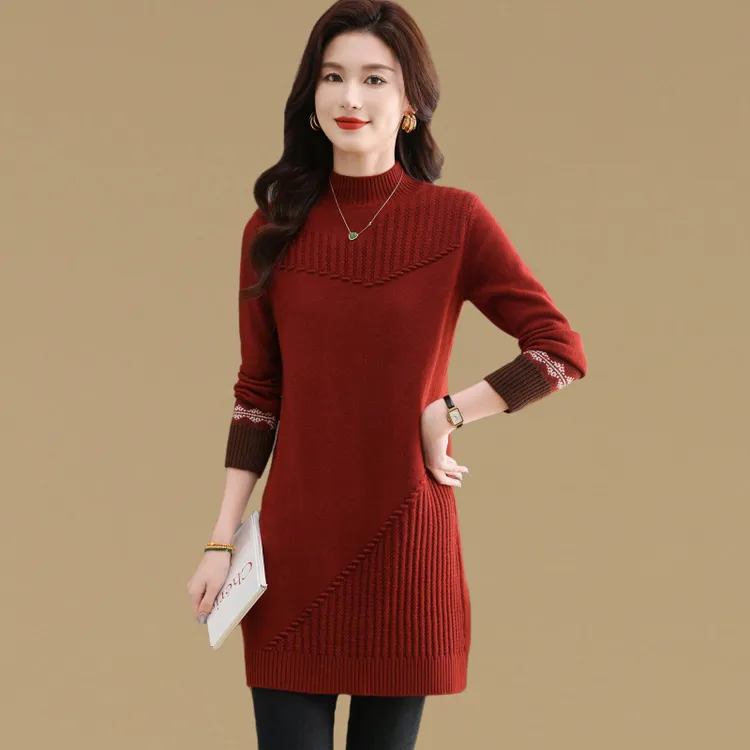 秋冬高端半高领大码宽松毛衣裙女中长款加厚胖MM遮屁股针织打底衫