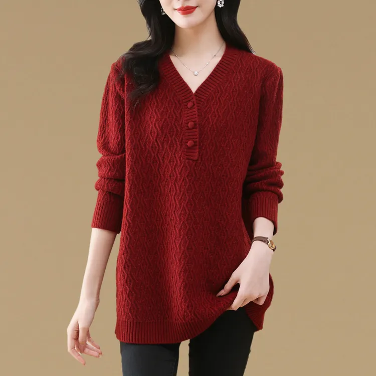 秋冬新款加厚遮屁股毛衣女套头中长款大码宽松洋气V领针织打底衫