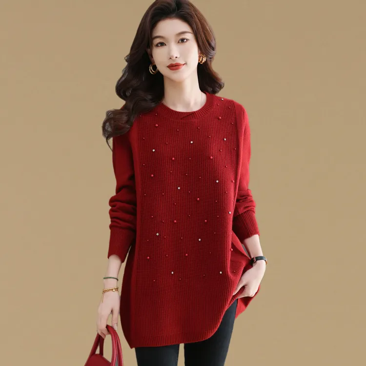 高级感超好看重工钉珠中长款毛衣女遮屁股秋冬洋气针织打底衫上衣