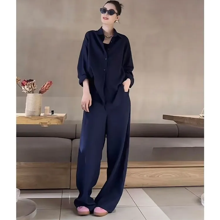 老钱风时尚套装女慵懒宽松衬衫+阔腿休闲裤气质显瘦减龄两件套潮