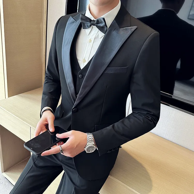 韩版男士婚礼西装时尚潮流主持人礼服高品质塔士多单扣西装三件套