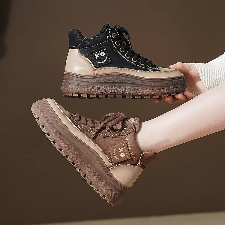 真皮厚底英伦风短靴女秋冬保暖厚底靴子时尚高帮鞋软底加绒马丁靴