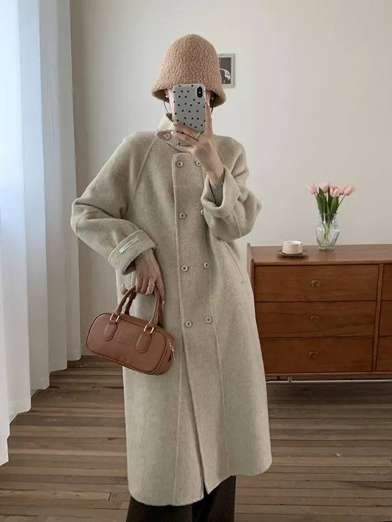 立领双排扣双面羊毛大衣女2024秋冬新款高级感中长款显瘦羊毛外套