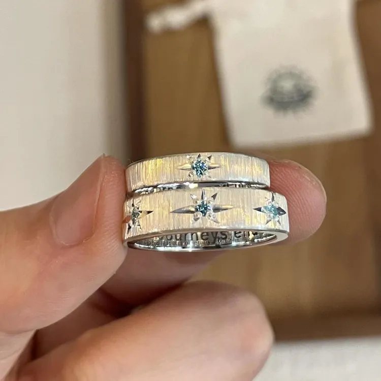 铜合金戒指 蓝色素圈指环小众设计情侣款简约高级感六芒星戒指