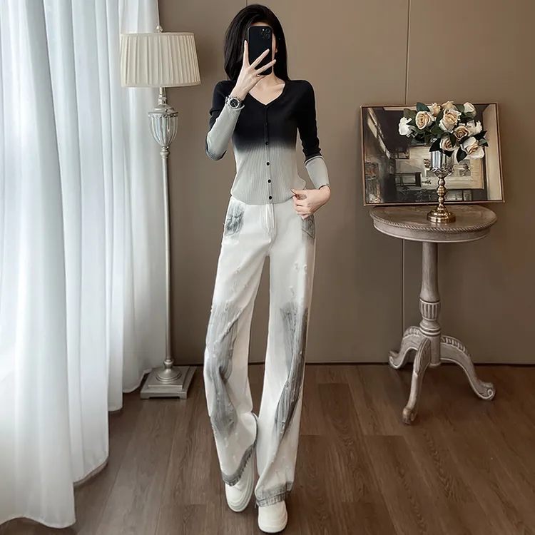 痞帅炸街时尚套装女2025秋季渐变v领针织衫时髦阔腿牛仔裤两件套