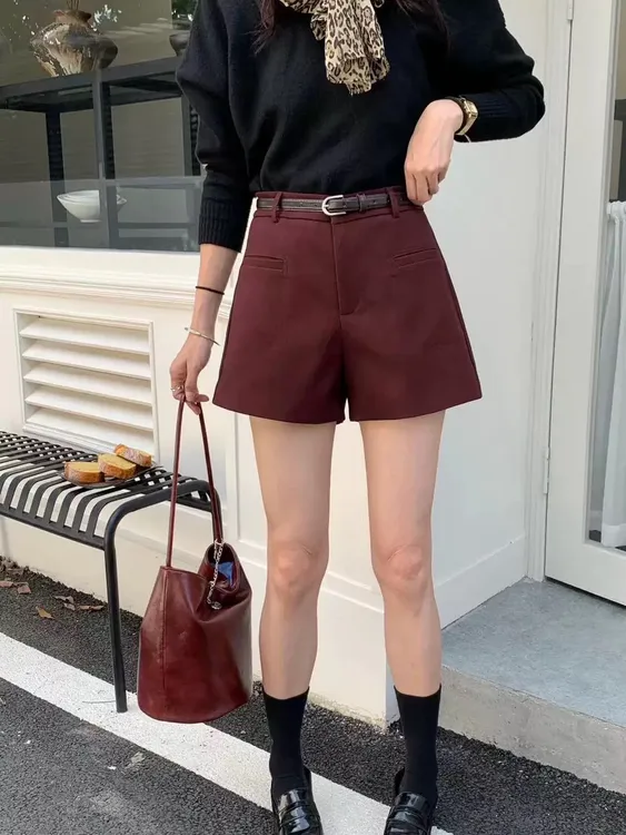 安可拉红西装短裤女2024秋冬新款高腰显瘦A字阔腿靴裤休闲裤子