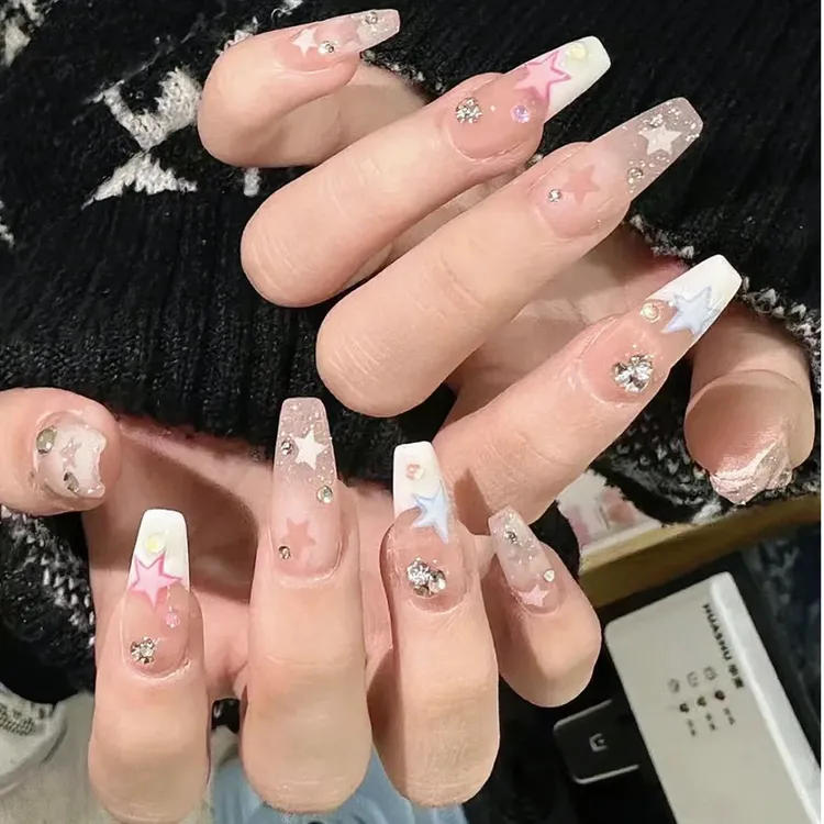 披星戴月春夏辣妹星星定制纯手工穿戴甲中长甲梯形甲豆豆甲短美甲