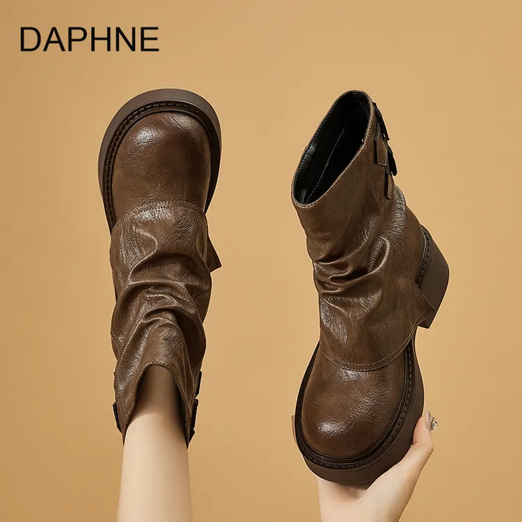 Daphne/达芙妮2025秋季新款靴子时尚百搭中筒靴圆头秋季04259