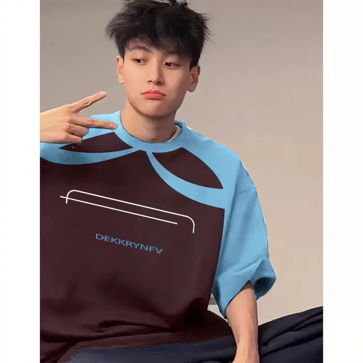 街头风几何图形字母印花纯棉短袖T恤男夏季潮牌蓝棕拼接插肩上衣