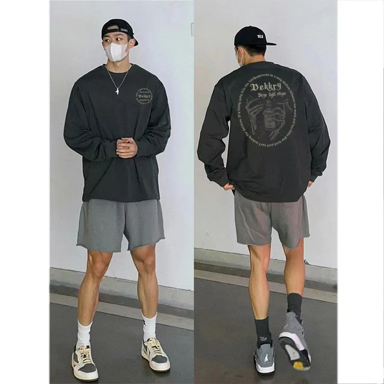 痞帅重磅棉纯长袖T恤男秋季hiphop美式复古情侣宽松百搭上衣ins潮