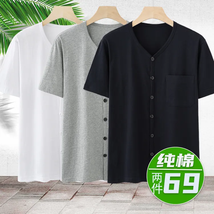 夏季爸爸短袖系扣开衫男衬衫纯棉宽松大码老头衫薄汗衫中老年男装