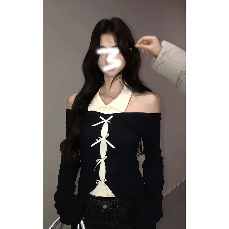 黑色假两件长袖针织衫女早秋秋季蝴蝶结内搭打底衫修身设计感上衣