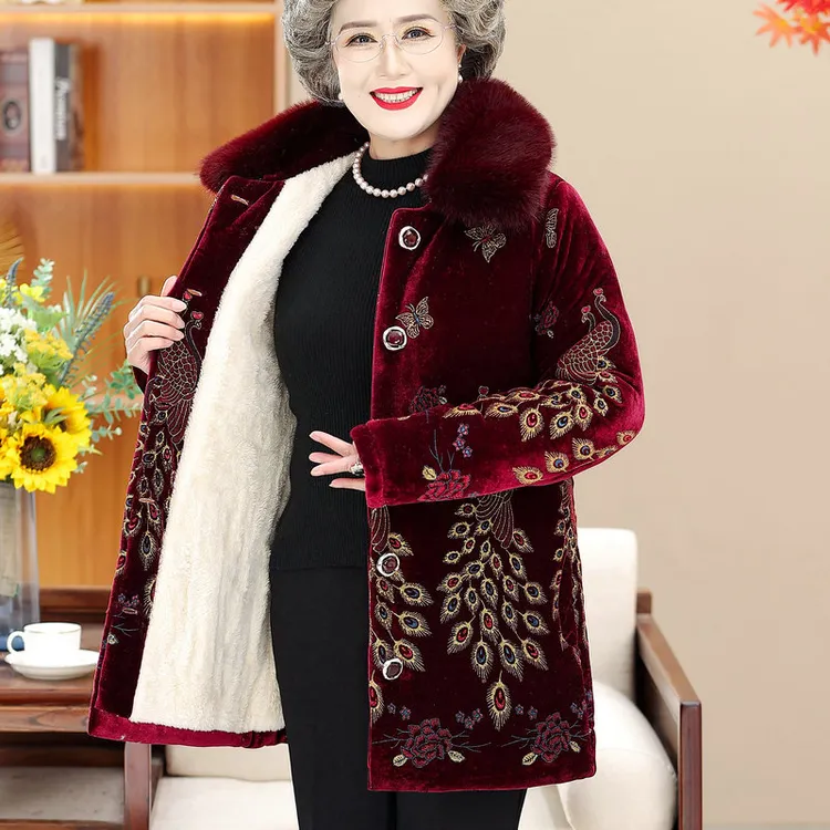 70-80岁奶奶装冬季加绒加厚保暖中长款棉服老年妈妈洋气冬装棉衣