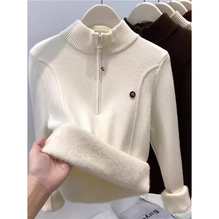加绒半高领毛衣女秋冬季内搭一体绒加厚拉链半开领针织打底衫上衣