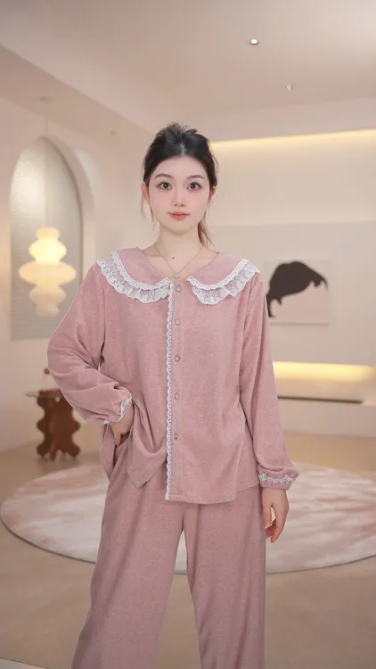 小舞【可颂】日韩甜美小翻领女士长袖家居服套装秋冬纯色时尚