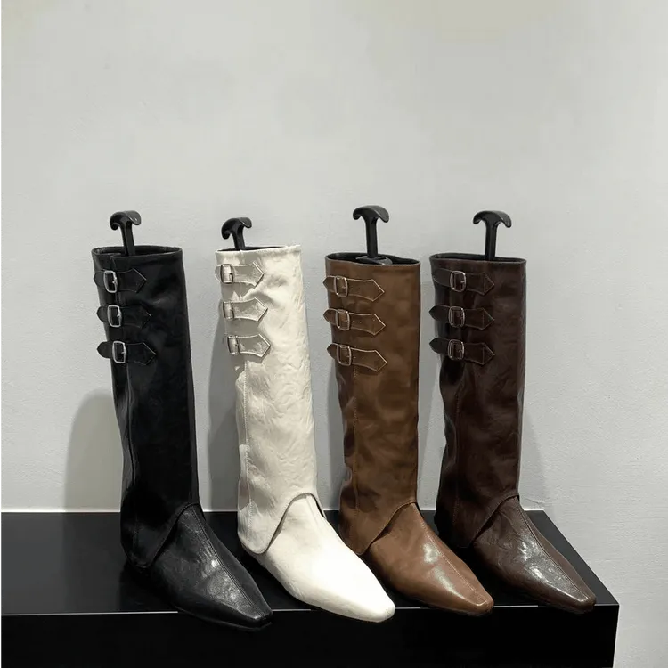 两穿可拆卸靴筒2025春秋爆款皮带扣尖头内增高中跟短靴高筒长靴女