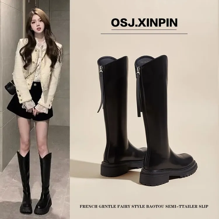 长筒靴女2024年春秋新款显瘦粗腿骑士靴小个子v口显瘦不过膝靴子