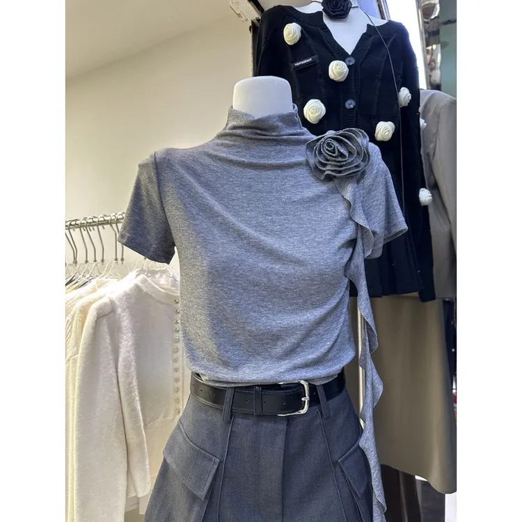十三行2023秋季新款韩版修身高领手工花朵设计感显瘦百搭短袖上衣