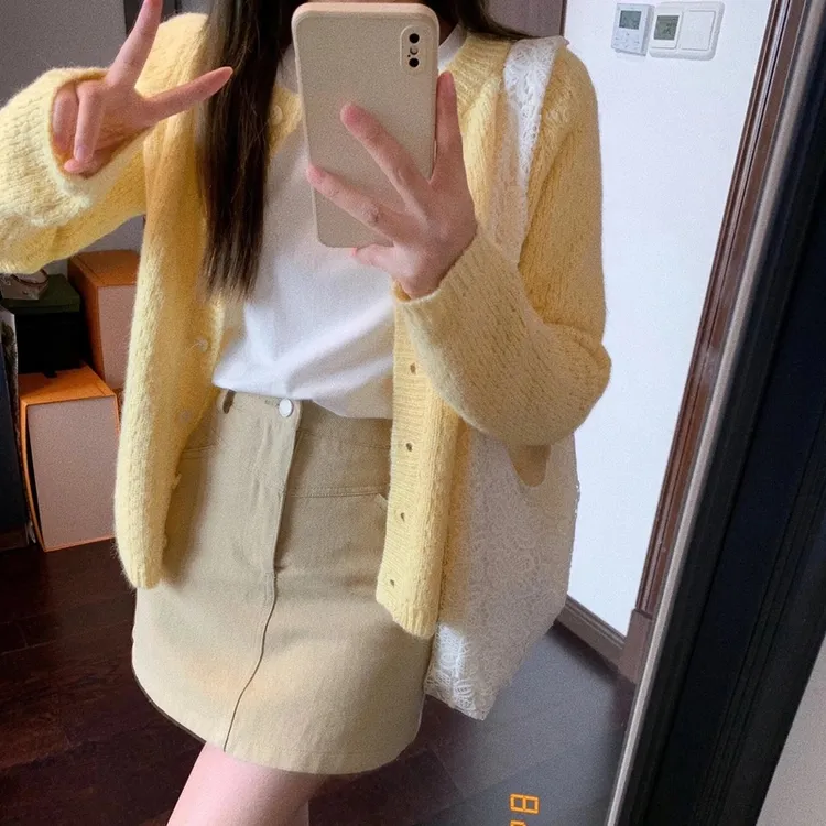 秋装女装外搭慵懒风网红黄色毛衣开衫外套外穿上衣洋气长袖针织衫