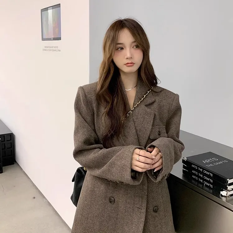 秋冬高级感毛呢小个子西装式大衣中长款外套