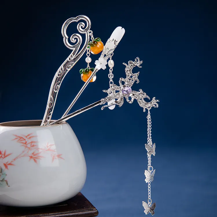 国风古装宫廷黑色木质盘发簪古风汉服合金发饰流苏步摇组合女簪子