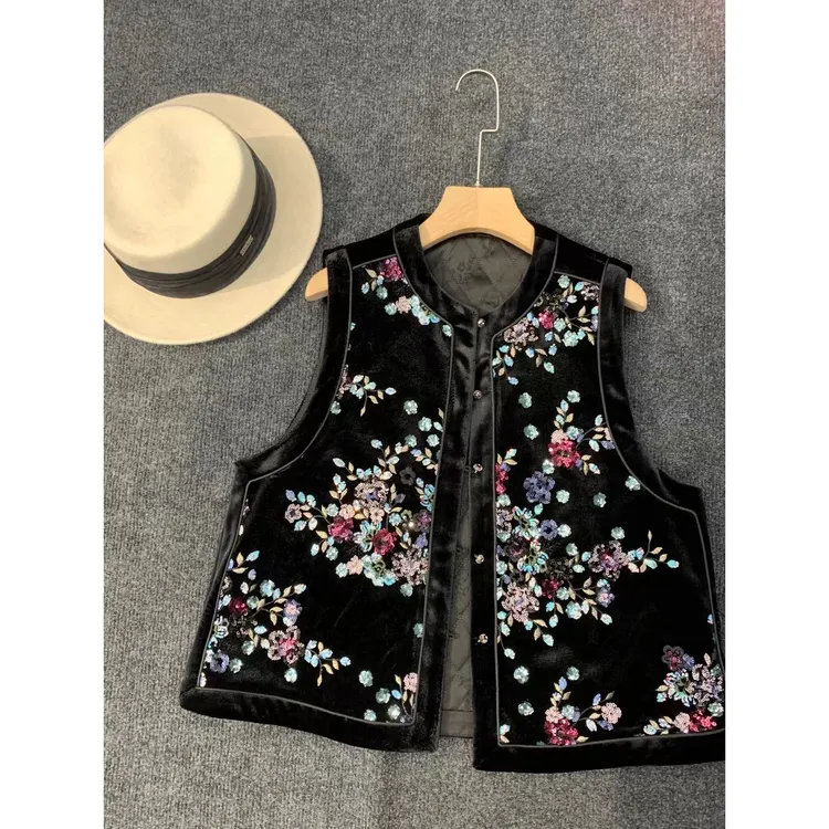 新中式复古重工刺绣丝绒夹马甲外套女秋冬时尚叠穿百搭坎肩马夹