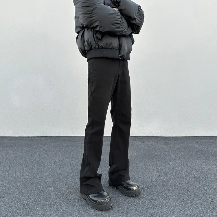 美式高街cleanfit基础款休闲微弹牛仔裤男潮直筒微喇vibe黑色裤子