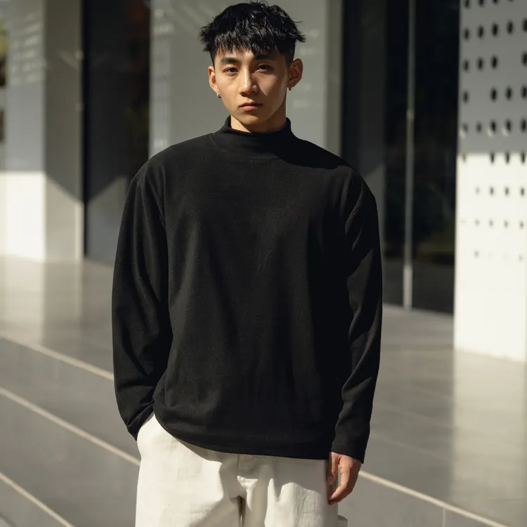 PrintsCrew德绒300克长袖T恤宽松半高领纯色打底衫男秋冬搭子男士