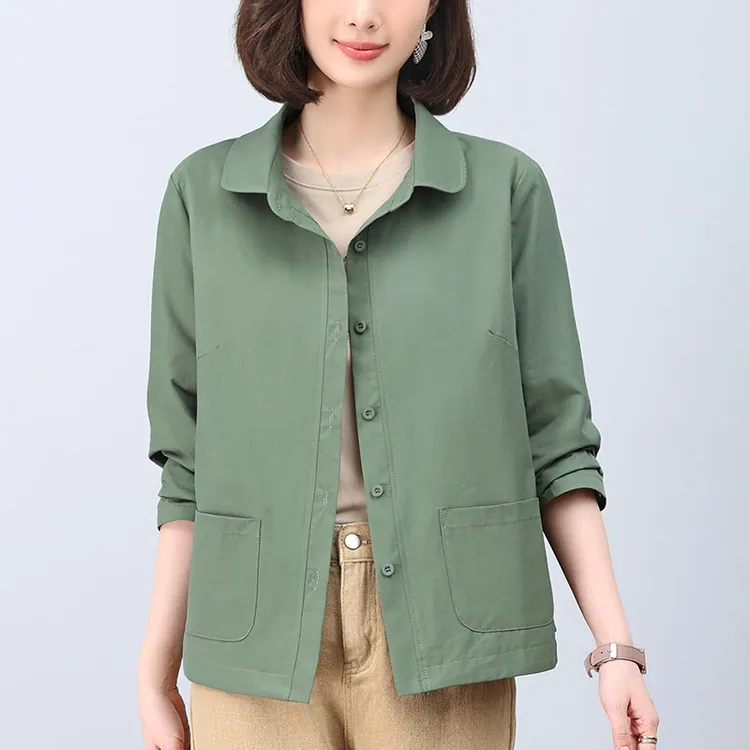 衬衫女上衣长袖春秋薄款新款短款秋季外穿翻领衬衣妈妈外套