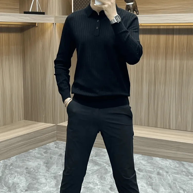 男士翻领商务休闲轻奢针织polo衫秋冬爆款时尚长袖套头打底毛衣潮