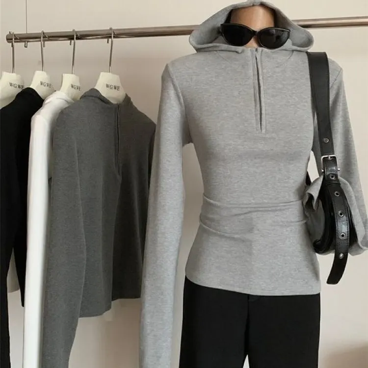 半拉链短款小众连帽T恤女春秋新款显瘦百搭通勤简约长袖打底衫