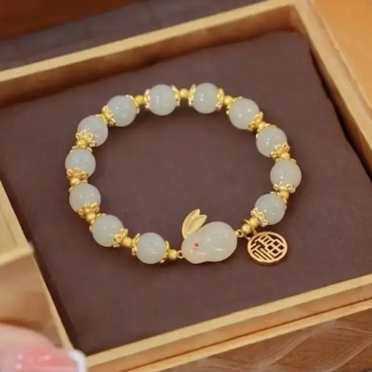 铜合金手链 福牌手链女款绿色玉兔手链爆款生肖兔手串七夕情人节