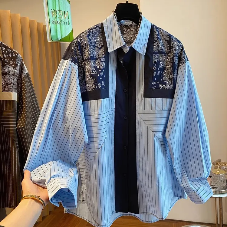 设计感复古条纹碎花长袖宽松衬衫上衣女春秋新款独特别致小衫潮流