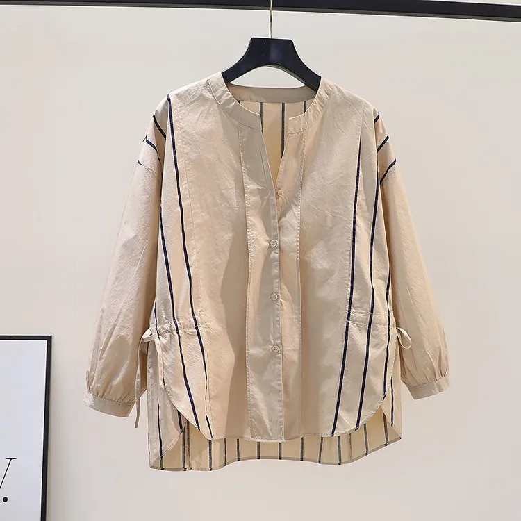 大码宽松条纹衬衫女春秋新款宽松衬衣减龄别致漂亮小衫遮肚上衣潮