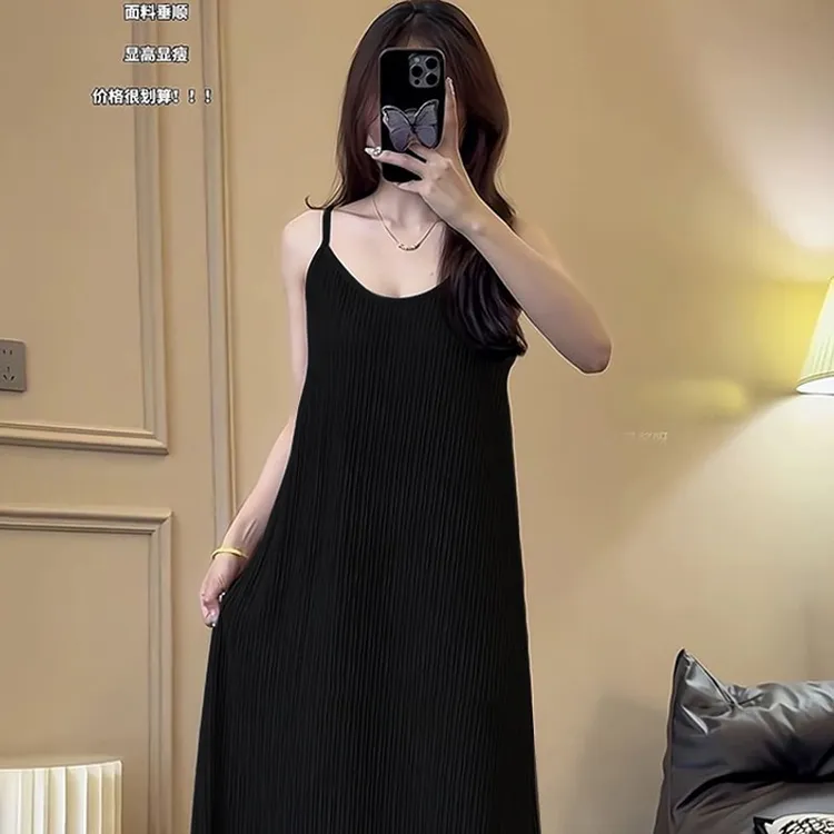 黑色吊带裙女夏季垂感显瘦复古长裙纯色性感睡衣可外穿连衣裙裙子