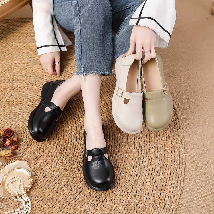 头层牛皮春秋舒适妈妈鞋中老年休闲软底复古防滑圆头浅口百搭单鞋