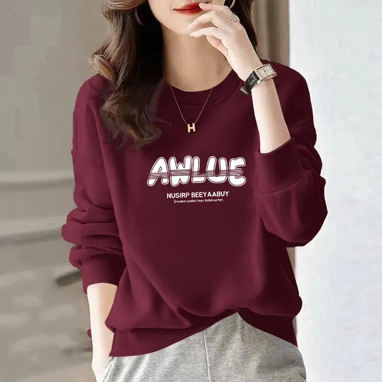 酒红色长袖套头圆领卫衣女新款加绒加厚洋气减龄上衣打底衫秋冬装