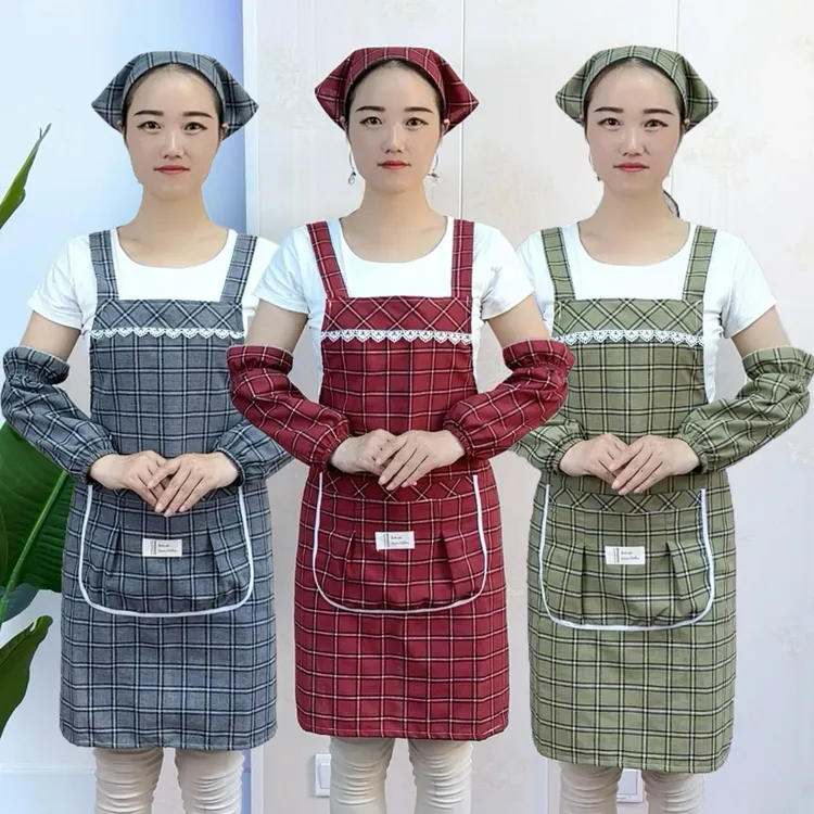 时尚棉布围裙家用防污厨房做饭套袖头巾围腰护衣工作服