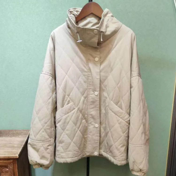 新款纯色韩版双口袋格子抽绳加里棉外套